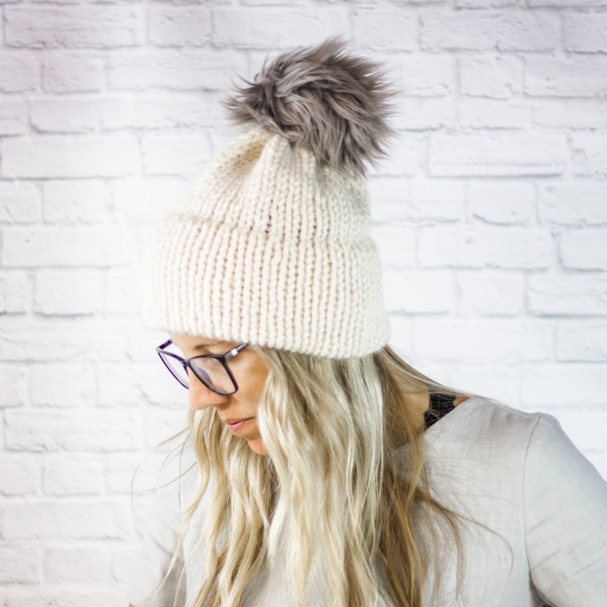 Knitted Faux Fur Pom Winter Beanie Hat with Double Knit Brim in