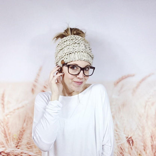 Knitted Hipster Messy Bun Ponytail Beanie Hat for Women in Oatmeal
