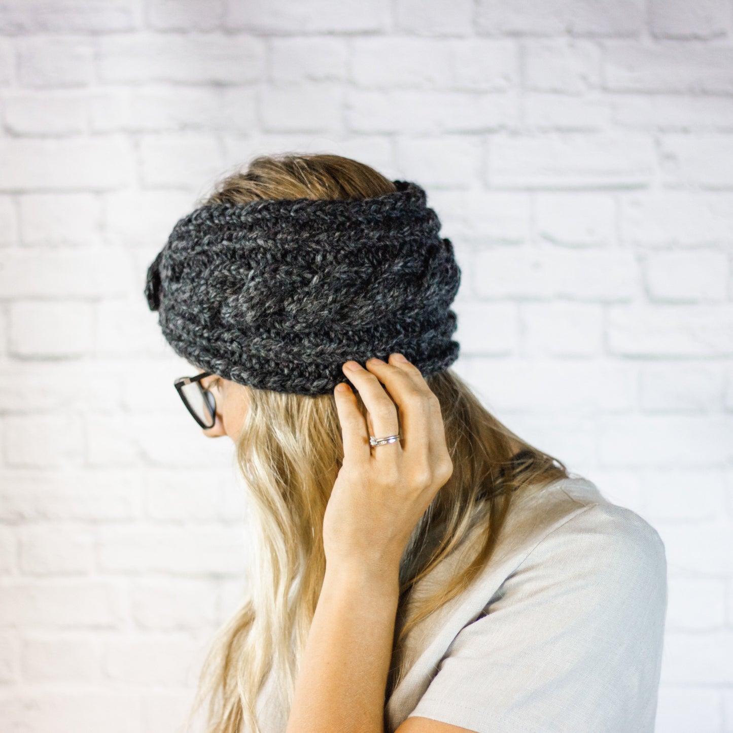 Charcoal Chunky Cable Knit Button Ear Warmer Headband for Women