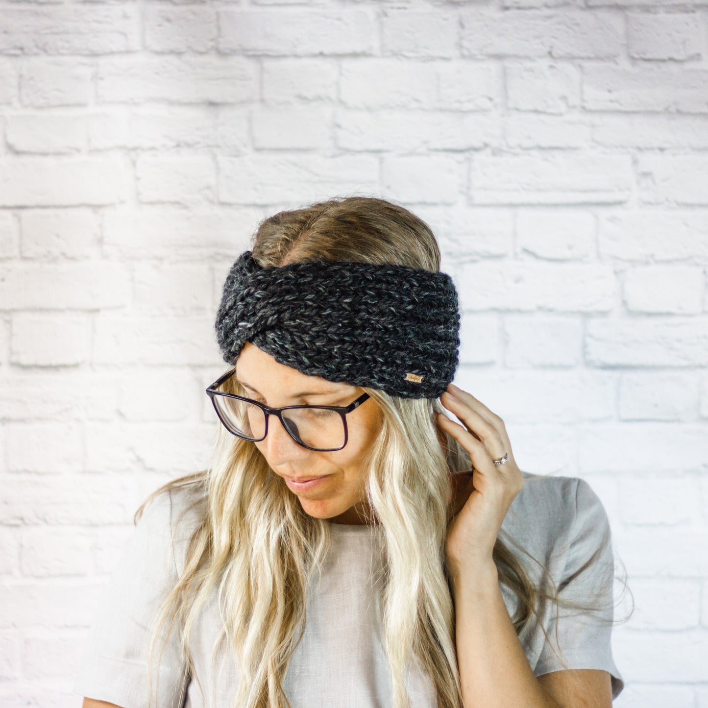 Charcoal Wide Chunky Knit Twisted Turban Ear Warmer Headband for Women