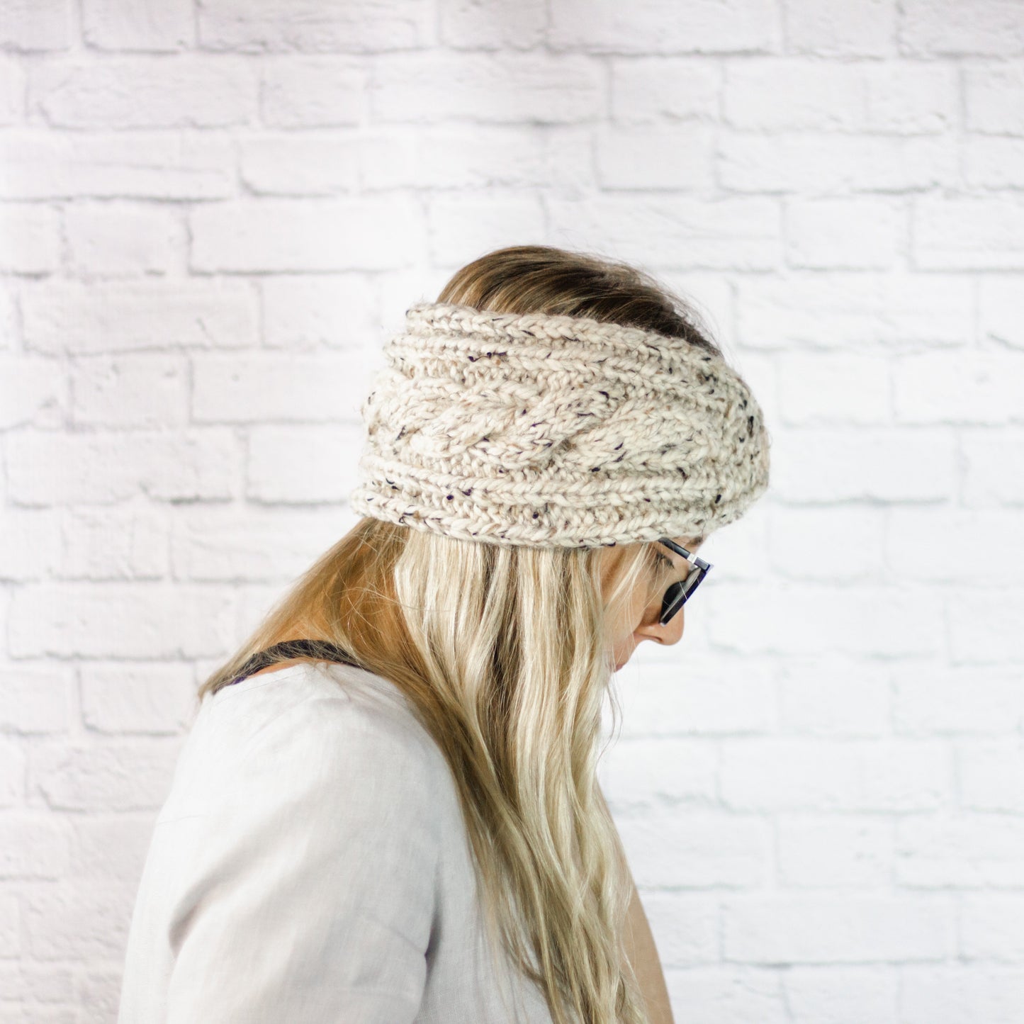Ladies Extra Wide Knit Cabled Button Ear Warmer Headband in Oatmeal