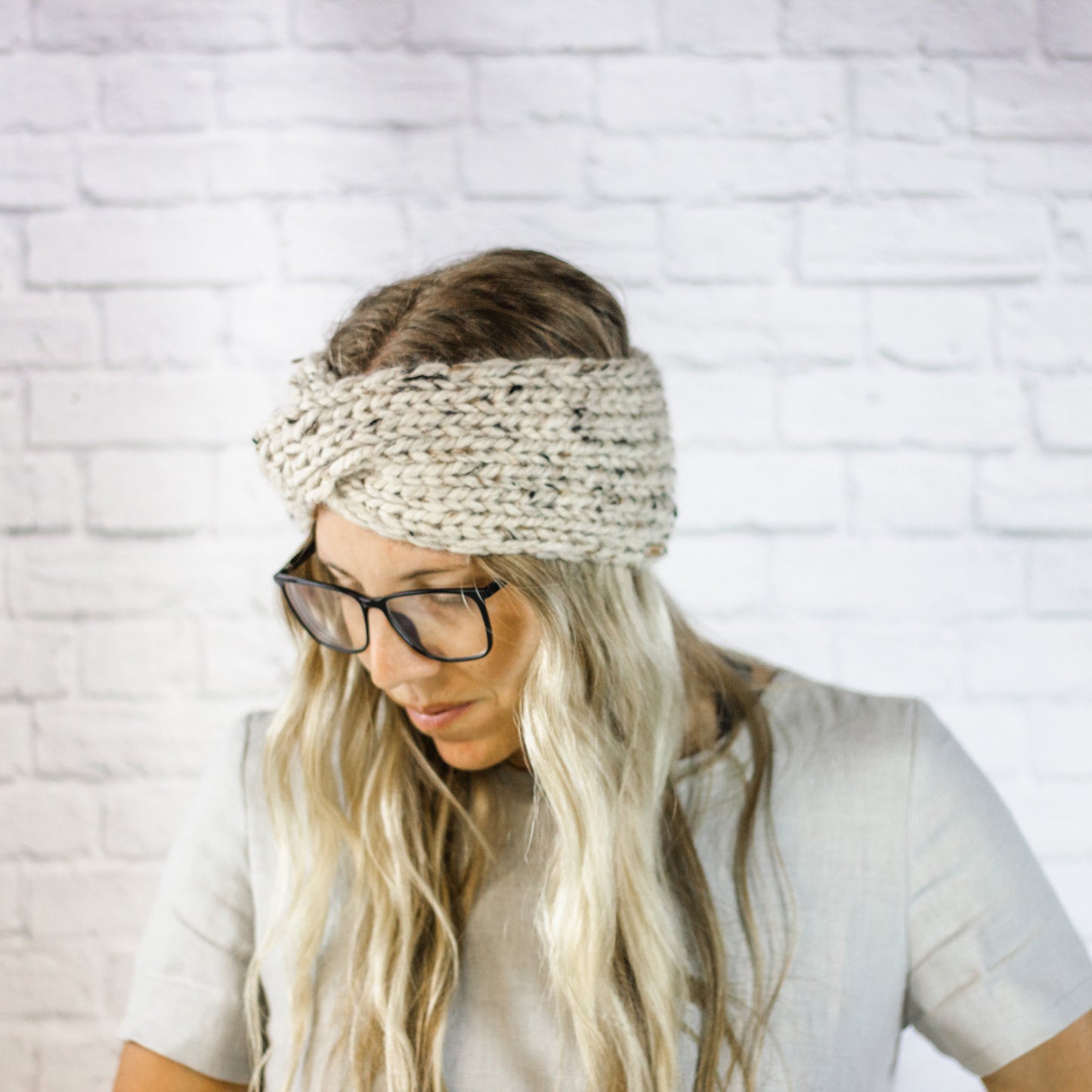 Womens Wide Knit Turban Twist Ear Warmer Headband in Oatmeal