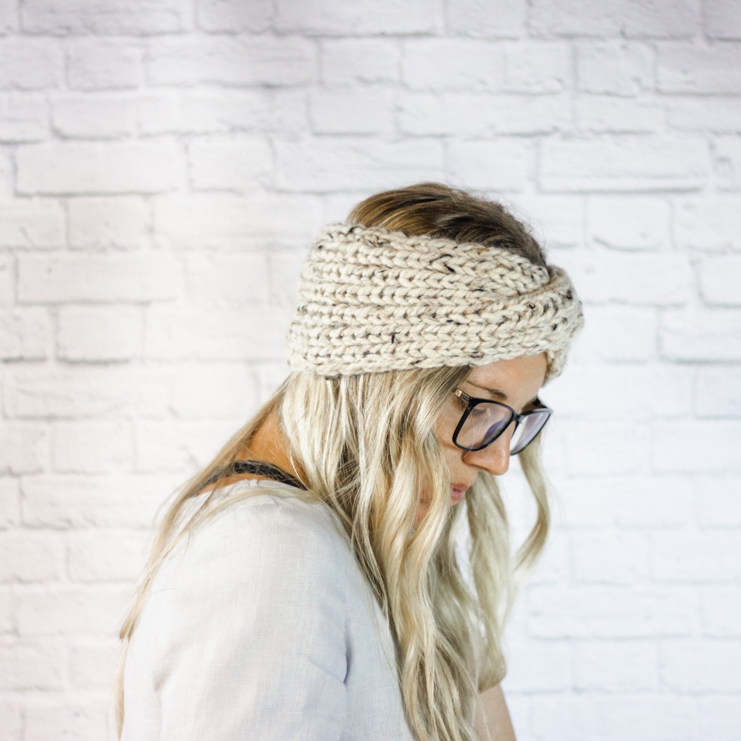 Womens Wide Knit Turban Twist Ear Warmer Headband in Oatmeal