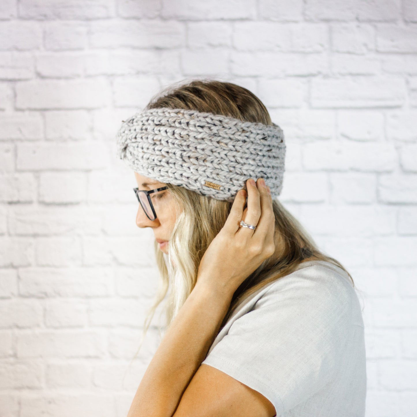 Womens Wide Winter Ear Warmer Twisted Turban Headband in Grey Marble