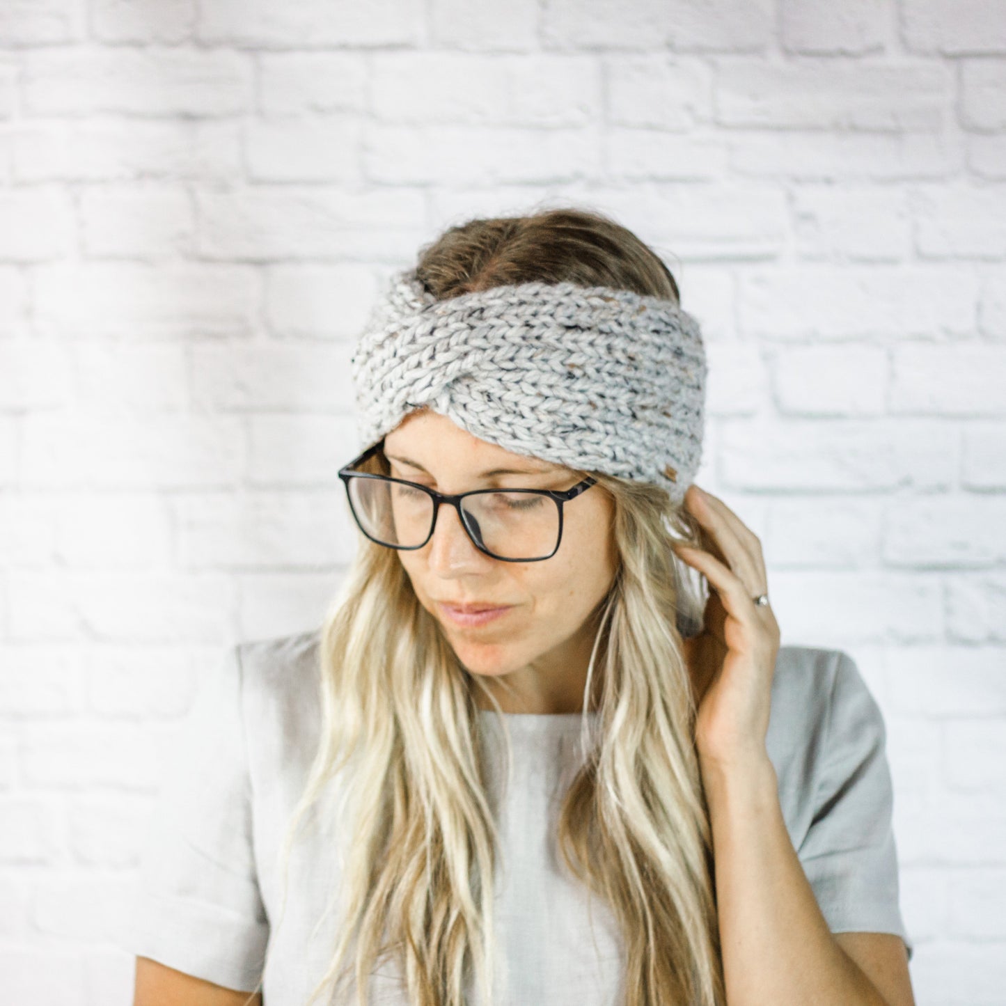 Womens Wide Winter Ear Warmer Twisted Turban Headband in Grey Marble