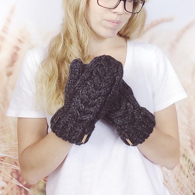 Charcoal Grey Chunky Cable Knit Mittens, Womens Knitted Cable Mittens