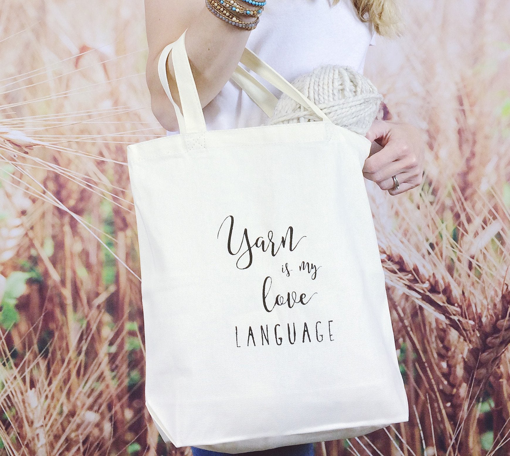 Yarn Is My Love Language Screen Printed Canvas Project Tote Bag