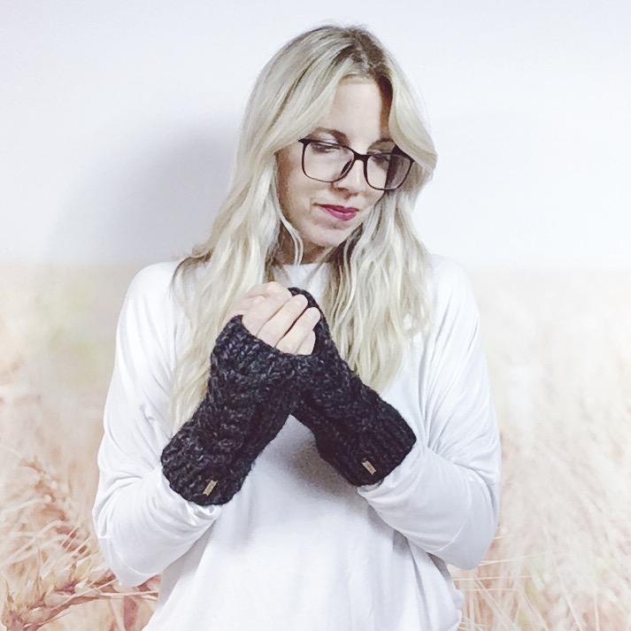 Charcoal Knitted Fingerless Gloves for Women, Women's Cable Knit Wrist Warmers