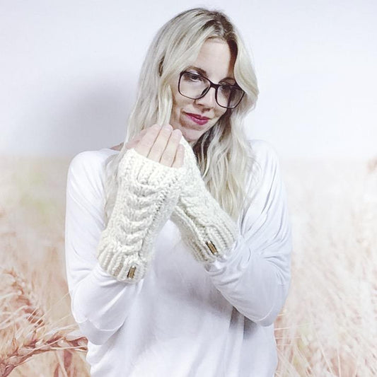 Cream Hand Knit Wrist Warmers for Women, Women's Knitted Fingerless Texting Gloves